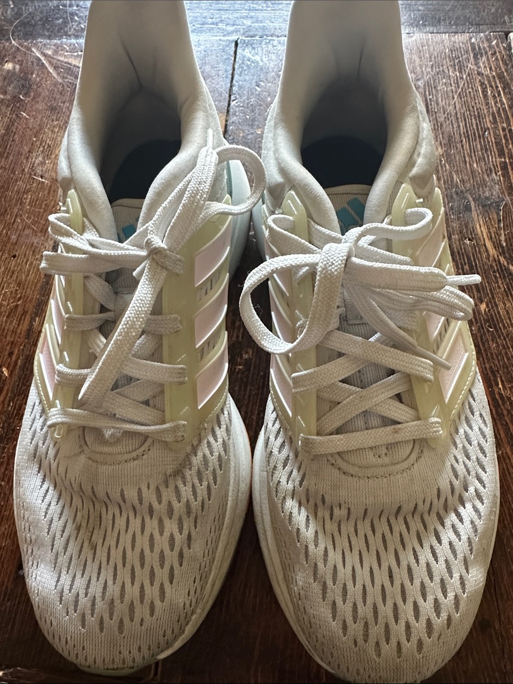 adidas White Mesh Sneakers with Pale Cage and Soft Pink Stripes-Size 6